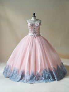  Sleeveless Tulle Floor Length Lace Up Ball Gown Prom Dress in Pink with Beading and Appliques