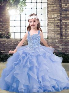 Custom Fit Lavender Ball Gowns Straps Sleeveless Tulle Floor Length Lace Up Beading and Ruffles Little Girls Pageant Dress