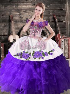  Off The Shoulder Sleeveless Organza Quinceanera Dress Embroidery and Ruffles Lace Up