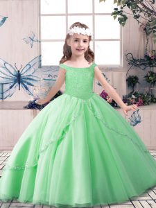  Apple Green Ball Gowns Tulle Off The Shoulder Sleeveless Beading Floor Length Lace Up Kids Formal Wear