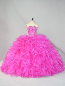 Stylish Hot Pink Sleeveless Organza Court Train Lace Up Quinceanera Gowns for Sweet 16 and Quinceanera