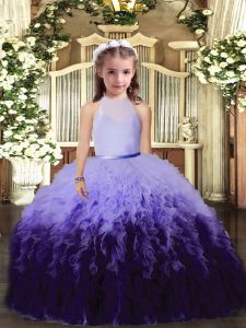 New Style Multi-color Ball Gowns Tulle High-neck Sleeveless Beading and Ruffles Floor Length Backless Girls Pageant Dresses