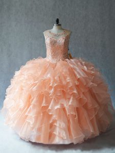 Suitable Peach Lace Up Scoop Beading and Ruffles Quince Ball Gowns Organza Sleeveless