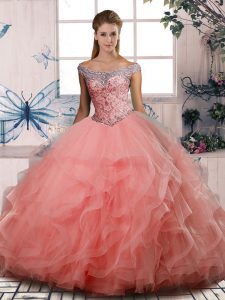 Custom Fit Watermelon Red Lace Up 15 Quinceanera Dress Beading Sleeveless Floor Length