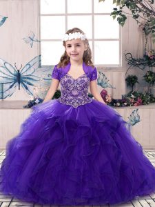 Best Purple Lace Up Straps Beading Little Girls Pageant Dress Tulle Sleeveless