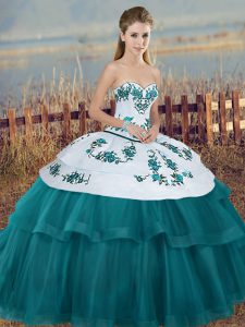  Teal Ball Gowns Sweetheart Sleeveless Tulle Floor Length Lace Up Embroidery and Bowknot 15 Quinceanera Dress