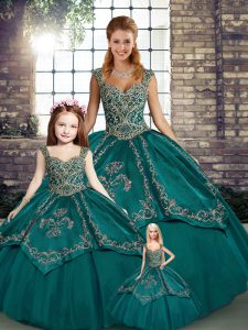 Sweet Ball Gowns Sweet 16 Dress Teal Straps Tulle Sleeveless Floor Length Lace Up
