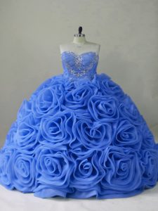 Nice Sleeveless Beading Lace Up Quinceanera Gowns with Blue Brush Train