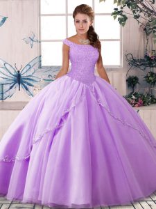 Clearance Brush Train Ball Gowns Ball Gown Prom Dress Lavender Off The Shoulder Tulle Sleeveless Lace Up