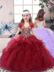  Red Ball Gowns Straps Sleeveless Tulle Floor Length Lace Up Beading Little Girl Pageant Gowns