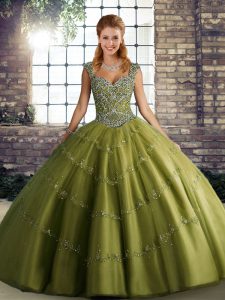  Straps Sleeveless Tulle Sweet 16 Dresses Beading and Appliques Lace Up