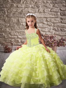  Organza Straps Sleeveless Brush Train Lace Up Beading and Ruffled Layers Little Girls Pageant Gowns in Yellow Green