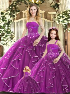  Beading and Ruffles Ball Gown Prom Dress Purple Lace Up Sleeveless Floor Length