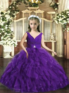 Low Price Floor Length Purple Little Girl Pageant Dress Organza Sleeveless Beading and Ruffles
