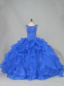 Fantastic Sleeveless Organza Brush Train Lace Up Sweet 16 Quinceanera Dress in Royal Blue with Beading and Ruffles
