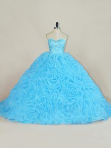  Baby Blue Organza Lace Up Sweetheart Sleeveless Floor Length Sweet 16 Quinceanera Dress Court Train Beading and Ruffles