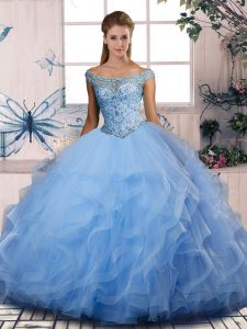 Artistic Blue Tulle Lace Up Off The Shoulder Sleeveless Floor Length Sweet 16 Quinceanera Dress Beading and Ruffles