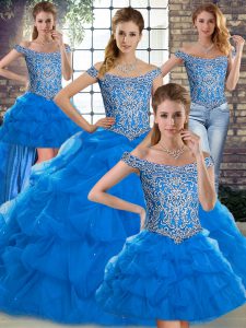  Tulle Off The Shoulder Sleeveless Brush Train Lace Up Beading and Pick Ups Sweet 16 Dresses in Blue
