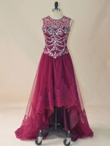  Burgundy Sleeveless Beading and Lace High Low 