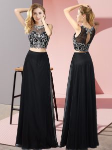  Sleeveless Chiffon Floor Length Backless Prom Evening Gown in Black with Beading