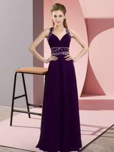 Classical Purple Sleeveless Floor Length Beading Backless Prom Gown