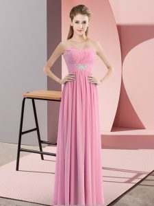 Edgy Sweetheart Sleeveless Homecoming Dress Floor Length Beading Rose Pink Chiffon