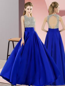  Elastic Woven Satin Sleeveless Floor Length Prom Dress and Beading