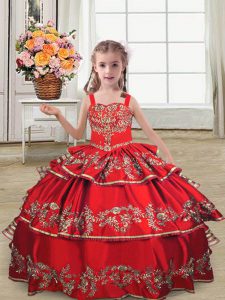 Custom Made Red Satin Lace Up Girls Pageant Dresses Sleeveless Floor Length Embroidery and Ruffled Layers