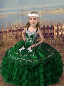 Great Straps Sleeveless Little Girl Pageant Dress Floor Length Embroidery and Ruffled Layers Green Organza