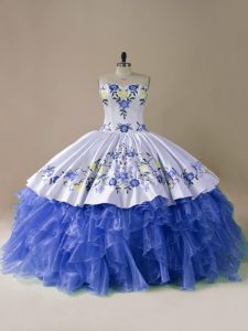 High End Blue And White Ball Gowns Satin and Organza Sweetheart Sleeveless Embroidery and Ruffles Lace Up Quinceanera Gowns Brush Train
