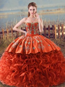  Sweetheart Sleeveless Quinceanera Dress Floor Length Brush Train Embroidery and Ruffles Orange Red Fabric With Rolling Flowers