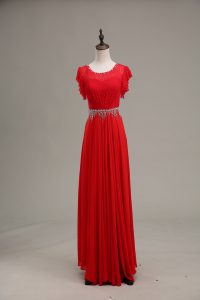 Beautiful Scoop Sleeveless Floor Length Beading and Lace Red Chiffon