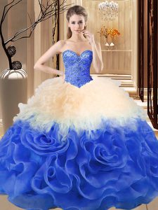 Fabric With Rolling Flowers Sweetheart Sleeveless Lace Up Beading and Ruffles 15th Birthday Dress in Multi-color