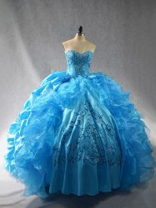  Floor Length Baby Blue Quinceanera Dresses Organza Sleeveless Embroidery and Ruffles