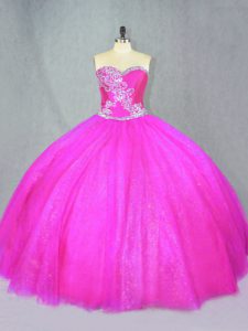 Shining Fuchsia Sleeveless Floor Length Beading Lace Up Sweet 16 Quinceanera Dress