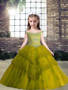 Glorious Olive Green Sleeveless Tulle Lace Up Girls Pageant Dresses for Party and Wedding Party