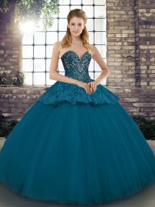 Deluxe Blue Tulle Lace Up Sweetheart Sleeveless Floor Length Vestidos de Quinceanera Beading and Appliques