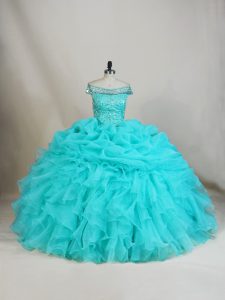 Top Selling Organza Off The Shoulder Sleeveless Lace Up Beading and Ruffles Quinceanera Gowns in Aqua Blue