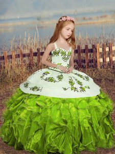 Adorable Yellow Green Ball Gowns Embroidery and Ruffles Pageant Gowns For Girls Lace Up Organza Sleeveless Floor Length