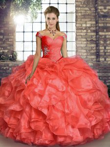 Designer Coral Red Organza Lace Up Off The Shoulder Sleeveless Floor Length Quinceanera Dresses Beading and Ruffles