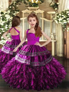  Purple Straps Neckline Appliques and Ruffles Little Girl Pageant Gowns Sleeveless Lace Up