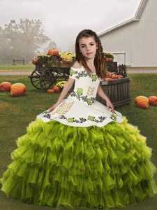 Fashionable Olive Green Lace Up Little Girls Pageant Dress Ruffled Layers Sleeveless Floor Length