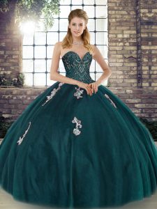 Hot Selling Tulle Sweetheart Sleeveless Lace Up Beading and Appliques Sweet 16 Dresses in Peacock Green