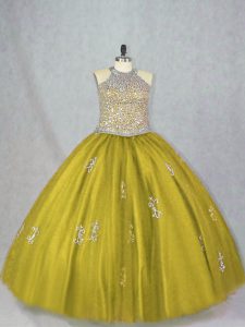  Olive Green 15th Birthday Dress Sweet 16 and Quinceanera with Beading and Appliques Halter Top Sleeveless Lace Up