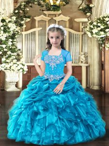  Organza Straps Sleeveless Lace Up Beading and Ruffles Child Pageant Dress in Baby Blue