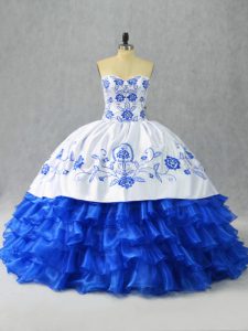 Floor Length Ball Gowns Sleeveless Blue And White Quince Ball Gowns Lace Up