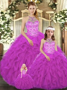  Fuchsia Ball Gowns Beading and Ruffles 15th Birthday Dress Lace Up Tulle Sleeveless Floor Length
