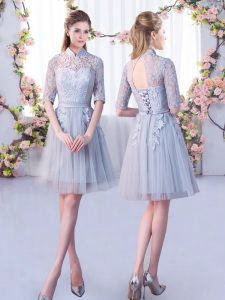 Enchanting High-neck Half Sleeves Lace Up Court Dresses for Sweet 16 Grey