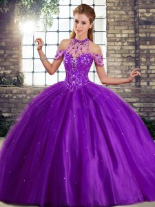  Halter Top Sleeveless Brush Train Lace Up Sweet 16 Quinceanera Dress Purple Tulle