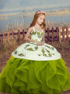  Straps Long Sleeves Girls Pageant Dresses Floor Length Embroidery and Ruffles Olive Green